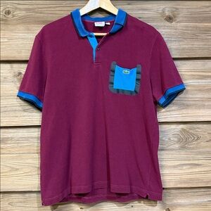 Vintage Lacoste Men's Maroon Polo with Blue Trim